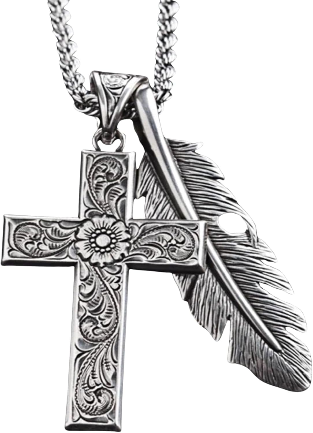 Twister Cross & Feather Necklace, Silver, 24” Chain - WORLD TIME VISITS