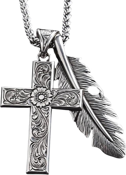 Twister Cross & Feather Necklace, Silver, 24” Chain - WORLD TIME VISITS