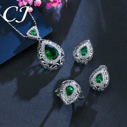 CANDICE Elegant Stamp Sterling Silver Plated Women Jewelry Set Pear Drop Red Cubic Zirconia Necklace Earring Ring 3Pcs Sets