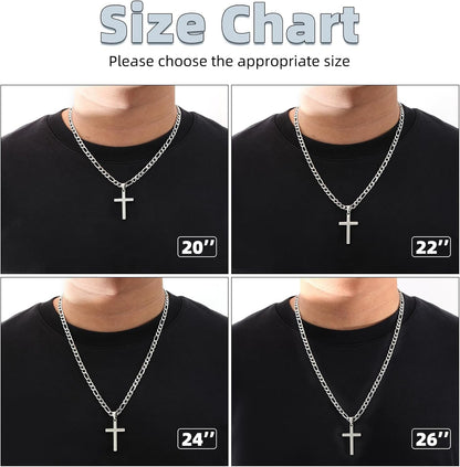Cross Necklace for Men - Stainless Steel Silver/Gold Plain Cross Pendant Necklace Simple Jewelry Gifts, 20/22/24/26 Inches 3:1 Figaro Link Chain 4/5/6Mm Width