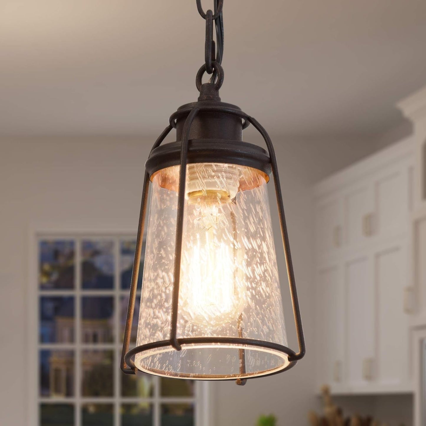 Farmhouse Pendant Lighting, Mini Rustic Hanging Light Fixture with Seeded Glass Shade for Kitchen Island, Foyer, Hallway, Bedroom and Entryway, Bronze - WORLD TIME VISITS