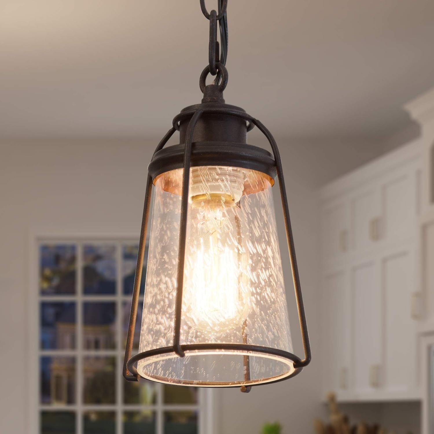 Farmhouse Pendant Lighting, Mini Rustic Hanging Light Fixture with Seeded Glass Shade for Kitchen Island, Foyer, Hallway, Bedroom and Entryway, Bronze - WORLD TIME VISITS