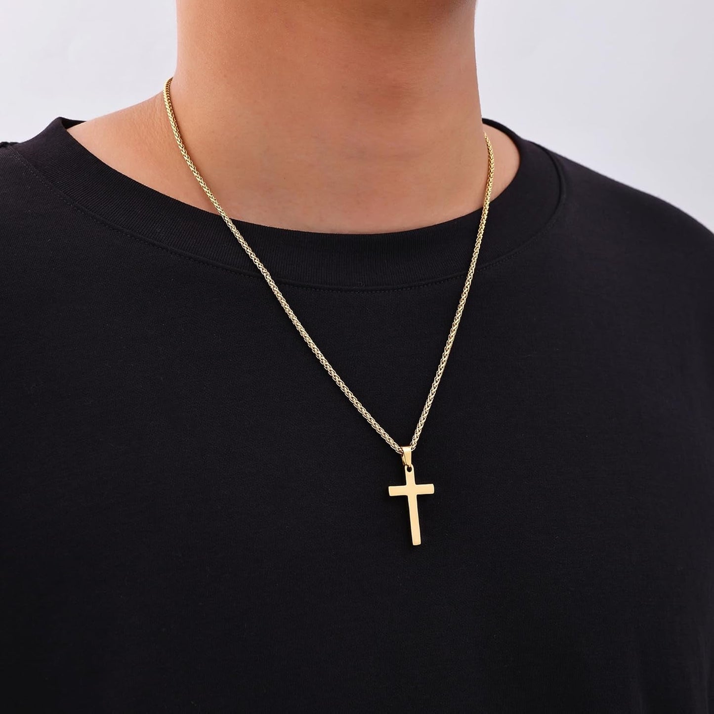 Cross Necklace for Men, Silver Tone/Gold Plated/Black Mens Cross Necklaces with 2.5Mm Chain, Stainless Steel Wheat Chain, 16-24 Inch