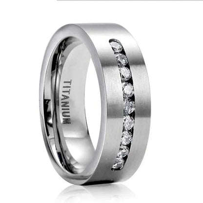 YOHAPP NEW Fashion Couple Rings Set Jewelry - Men's 8mm 316L Stainless Steel Titanium Ring and Women's Three Stone Princess Cut 1CT Diamond   Silver  Bridal Wedding Engagement Band Ring