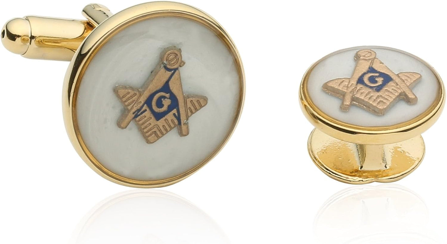 Mens White Freemason Cufflinks for Men with Shirt Studs | Masonic Tuxedo Formal Set Enamel Cufflinks and Studs with Travel Presentation Gift Box for Wedding Party Groomsmen Groom