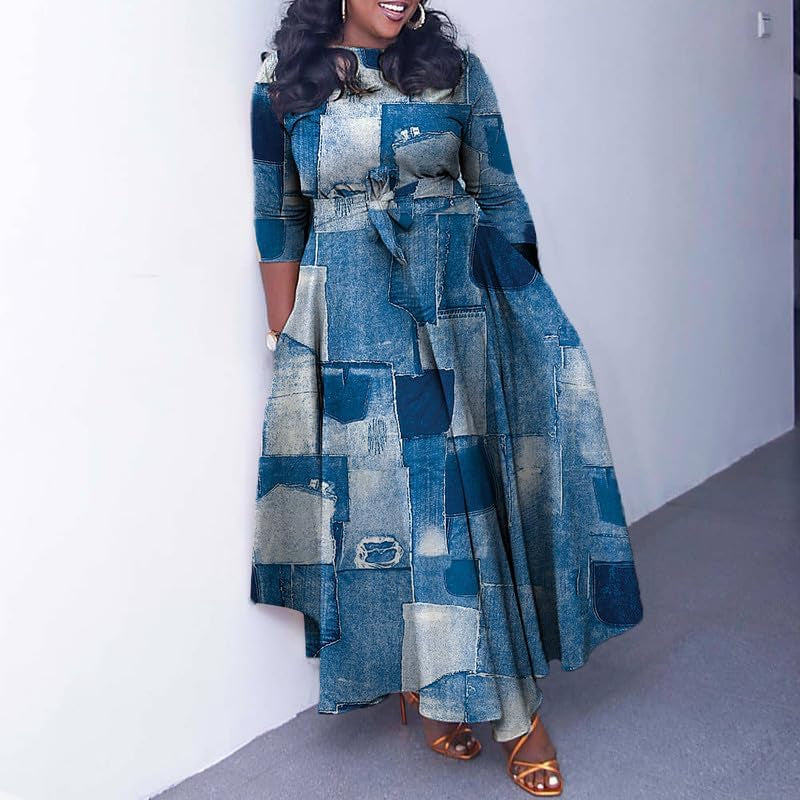 Women'S Long Sleeve V Neck Long Maxi Dress Loose African Floral Print a Line Skirt Dresses plus Size with Belt