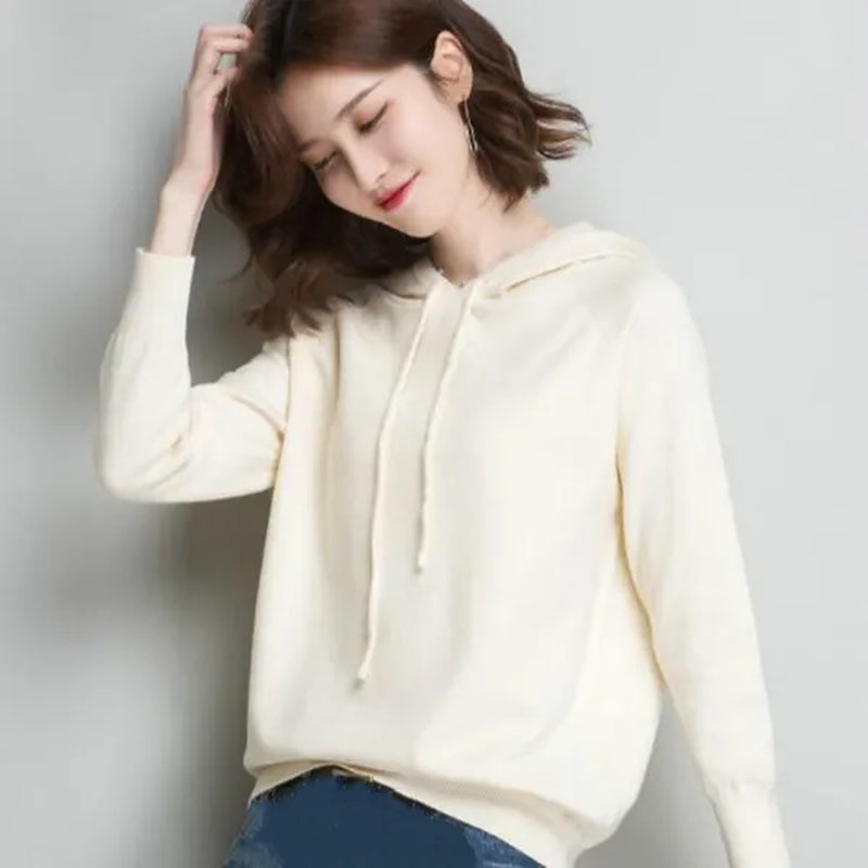 6 Colors Women Fashion Wool Pure Cashmere Casual Hooded Drawstring Pull Pullovers Plus Size S-XXL