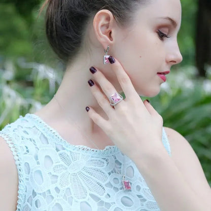 Gloriya Elegant Purple CZ Square Pendant Chain Necklace Earrings and Ring Set Women Fashion Silver Plated Jewellery Sets for Best Gifts