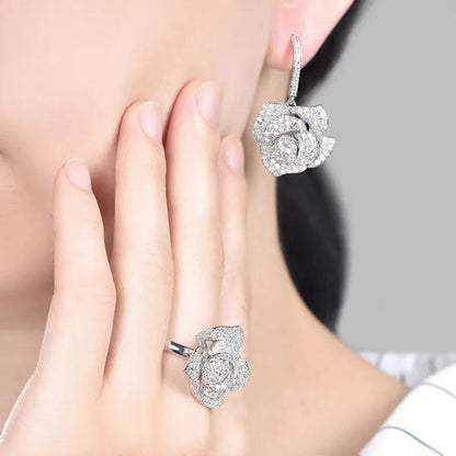 CANDICE Exquisite Banquet Party Jewelry Set for Women White Gold Plated Micro Inlaid AAA CZ Rose Flower Drop Necklace Silver Plated Earrings with Adjustable Ring