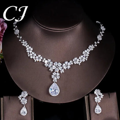 CANDICE High Quality Platinum Plating Wedding Party Costume Luxury CZ Stone Jewelry Flower Pendant Earrings Necklace Bridal Sets With Tear Drop Zirconia