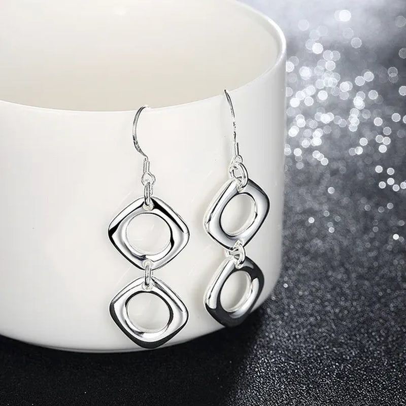 925 Sterling Silver Classic Square Geometric Pendant Necklace Bracelet Drop Earrings Fashion Jewelry Set