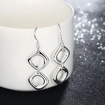 925 Sterling Silver Classic Square Geometric Pendant Necklace Bracelet Drop Earrings Fashion Jewelry Set