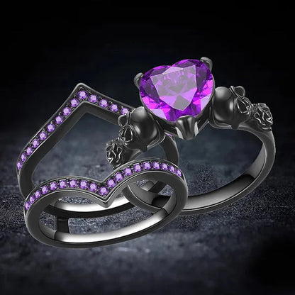 Gothic Black Rose Flower Skull Engagement Rings Set Red Purple Heart-Shaped Zircon Crystal Wedding Anniversary Holiday Gift Jewelry - WORLD TIME VISITS