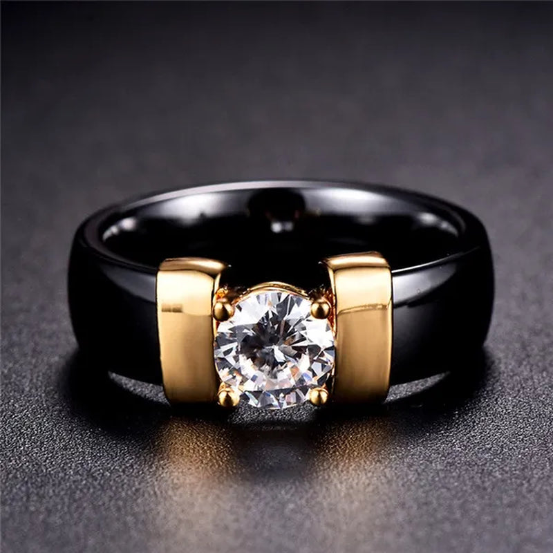 Fashion Male And Female Anti Allergy Black White Ceramic Ring Silver Gold Color  Diamond Solitare Ring Wedding Rings For Couple