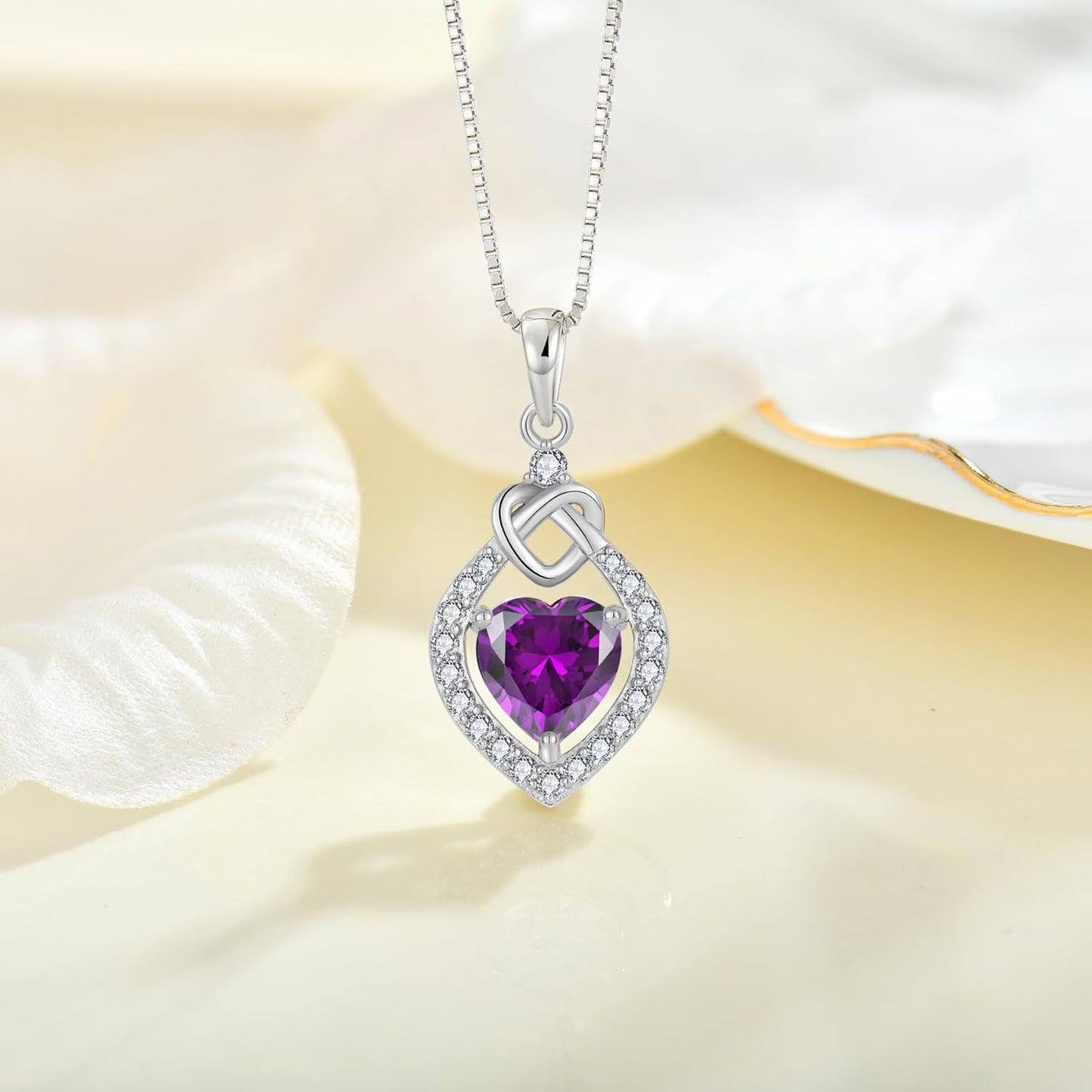 Love Knot Necklace 925 Sterling Silver Heart Birthstone Jewelry for Women
