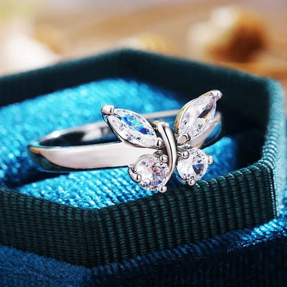 "If you are in full bloom, the butterfly will come" luxury silver crystal butterfly ring cubic zirconia exquisite bridal wedding party ring fashion jewelry (size: 5-11)