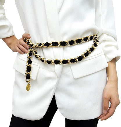Alloy Waist Chain Body Chain Weave Rope Winding Twist Chain for Women Waist Belt Pendant Belly Chain Adjustable Body Harness for Jeans Dresses - S Size – Black and Gold