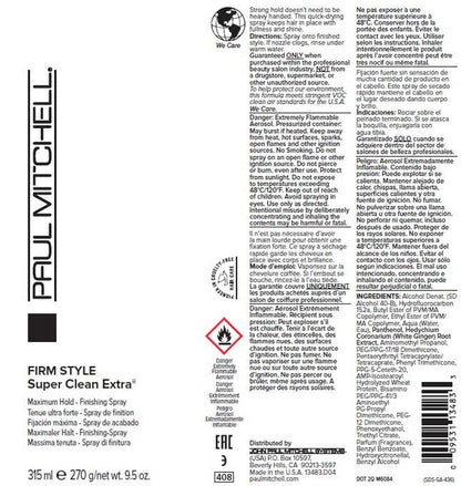 Paul Mitchell Super Clean Extra Finishing Hairspray, Maximum Hold, Shiny Finish, for All Hair Types, 9.5 Oz.