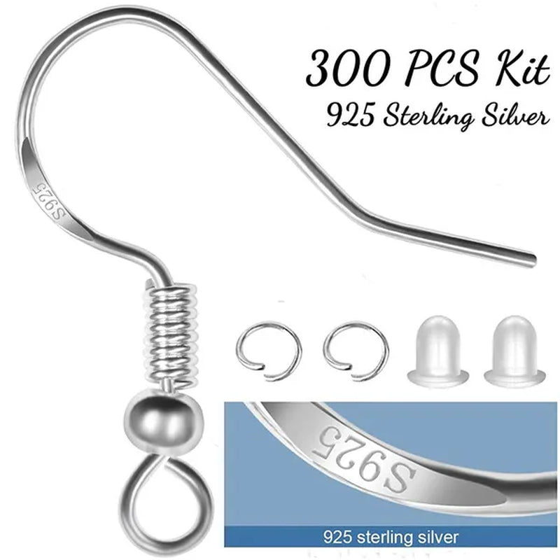 925 Sterling Silver Earring Hooks, 300PCS Earring Hooks Kit - 100PCS Hypoallergenic Earring Hooks for Jewelry Making with 100PCS Open Jump Rings and 100PCS Rubber Earring Backs - WORLD TIME VISITS