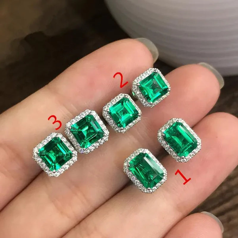 Fashion Jewelry 925 Sterling Silver Emerald Ear Studs Diamond Earrings