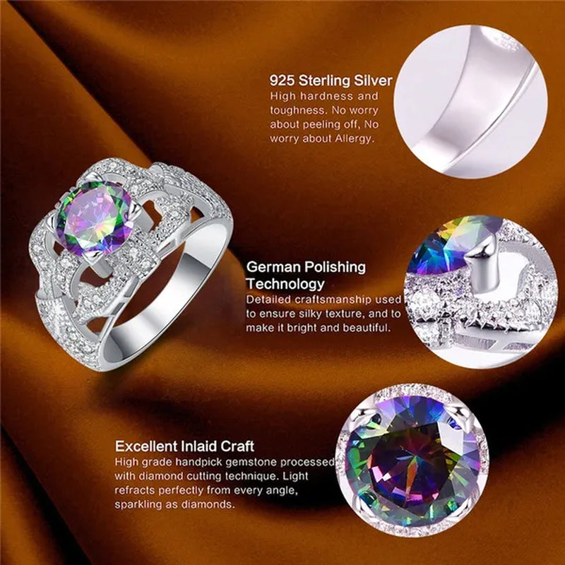 Round Cut Rainbow & Pink White Topaz Gemstone 100% 925 Sterling Silver Ring Size 6 7 8 9