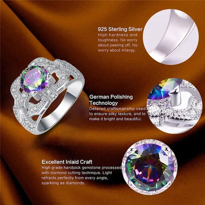 Round Cut Rainbow & Pink White Topaz Gemstone 100% 925 Sterling Silver Ring Size 6 7 8 9