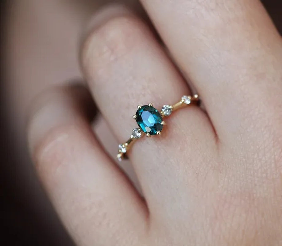 Teal Sapphire Ring, Peacock Engagement Ring, Ceylon Sapphire Diamond Ring, Oval Blue Ring - WORLD TIME VISITS