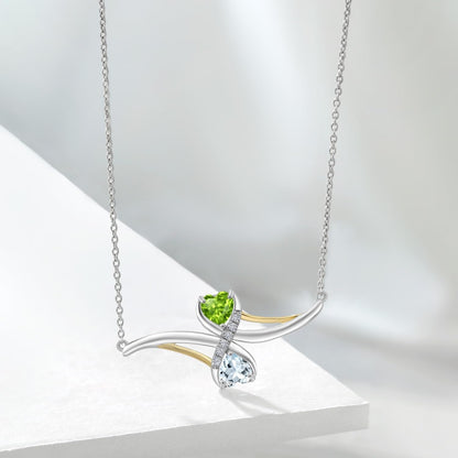 925 Sterling Silver and 10K Yellow Gold Green Peridot and Sky Blue Aquamarine Pendant Necklace for Women (0.98 Cttw, Gemstone Birthstone, with 18 Inch Chain)