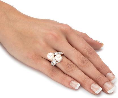 Palmbeach Jewelry Gold-Plated or Sterling Silver round Genuine Cultured Freshwater Pearl with Marquise Cubic Zirconia Bypass Ring