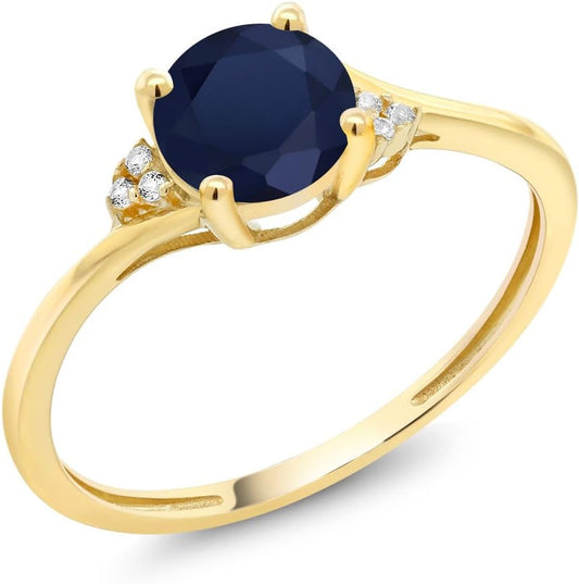 10K Yellow Gold Blue Sapphire and Diamond Accent Women Engagement Ring (1.05 Cttw, round 6MM, Available in Size 5, 6, 7, 8, 9)