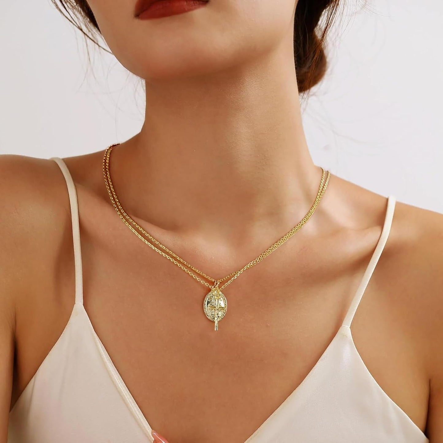 Gold Cross Necklaces for Women, Crucifix Necklaces, Dainty Virgin Mary Necklace, Virgen De Guadalupe, Layered Pendants Chain Non Tarnish