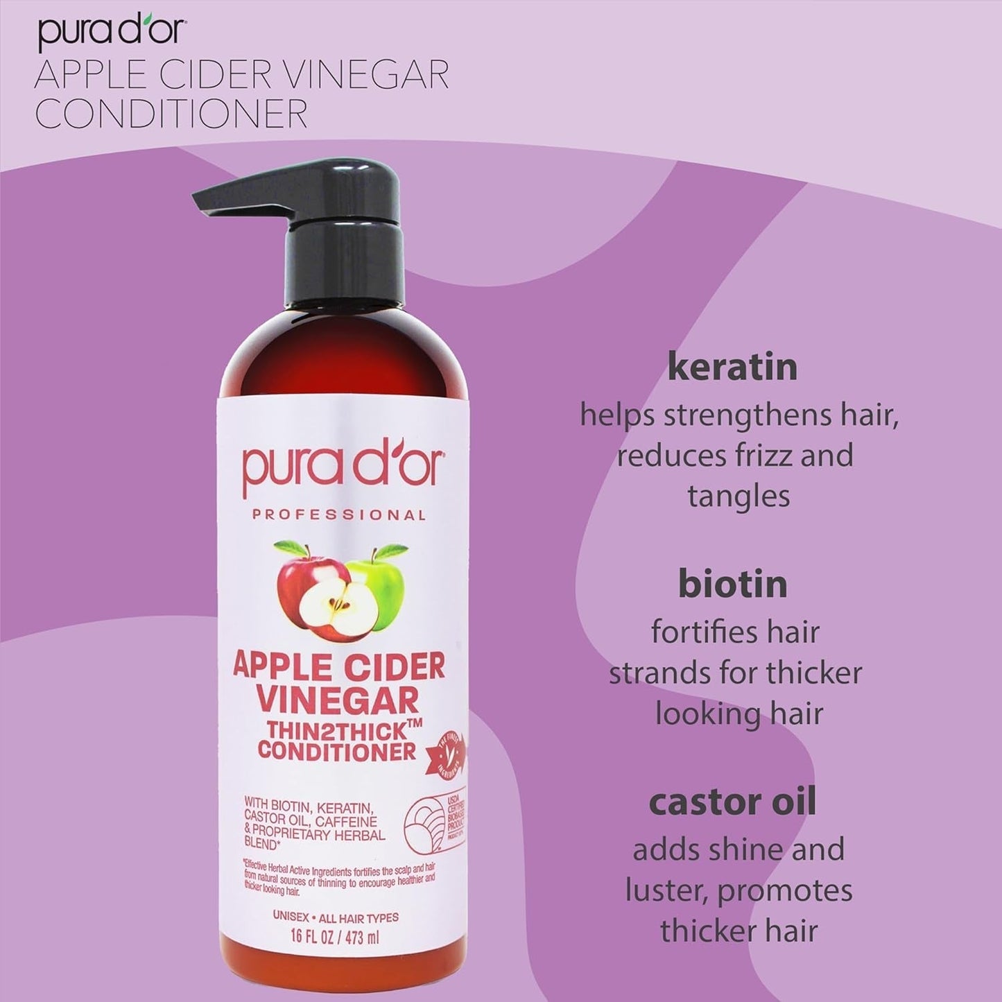 Apple Cider Vinegar Thin2Thick Set (16Oz X 2) ACV Shampoo & Conditioner, Clarifying - Biotin, Keratin, Caffeine, Castor Oil, Aloe - All Hair Types, Men & Women (Packaging May Vary)