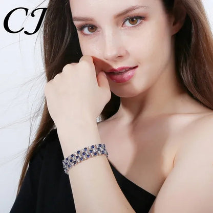 CANDICE Blue Crystal Elegant Bridal Wristband Bracelet White CZ Wedding Bangle Jewelry
