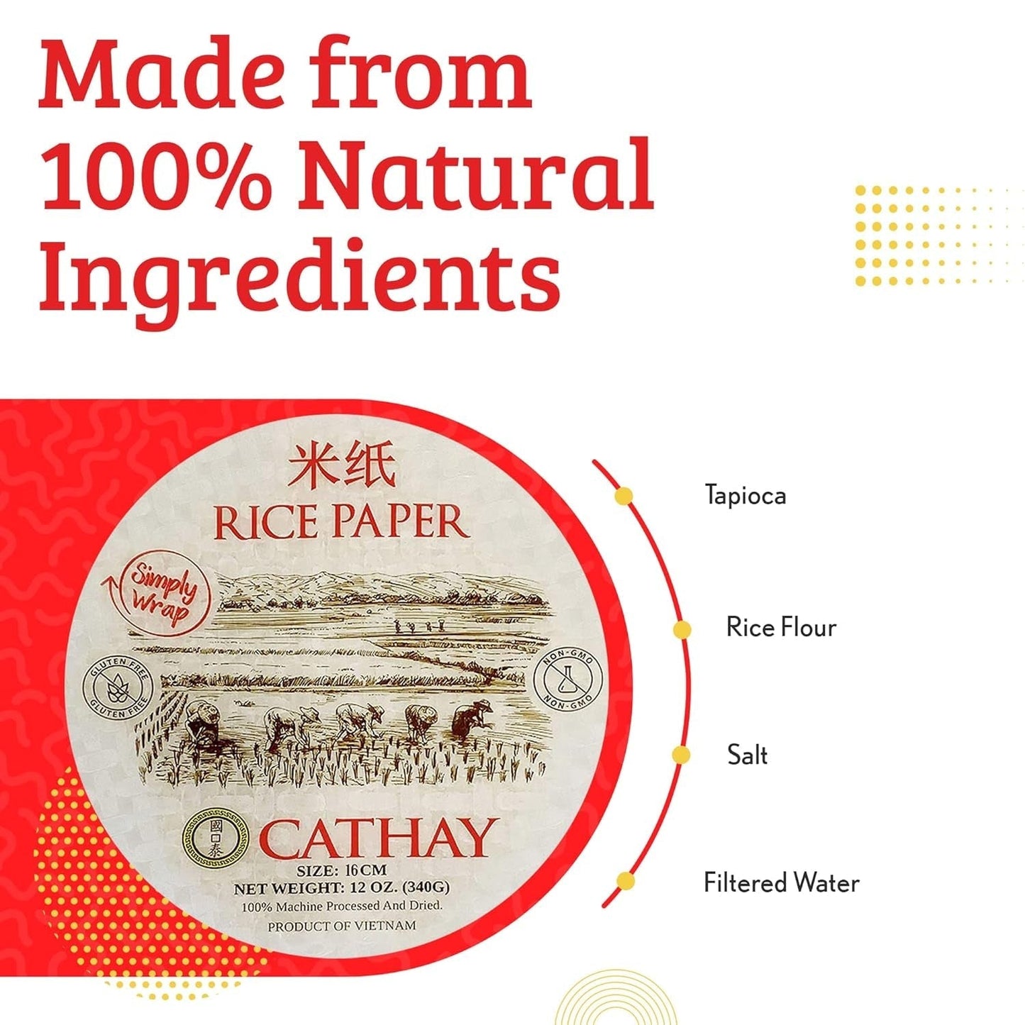 Fresh Spring Roll Rice Paper Wrappers 30 Sheets | Non-Gmo, Gluten-Free, Low Carb, Natural Ingredients | Vietnamese Summer Veggie Wraps