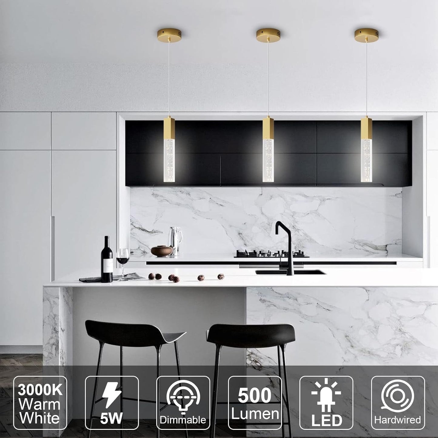 Brass Pendant Light for Kitchen Island Dimmable Integrated LED Pendant Light Gold Pendant Light with Crystal Modern Pendant Light for Bedroom Dinning Room Hallway (2-Pack)