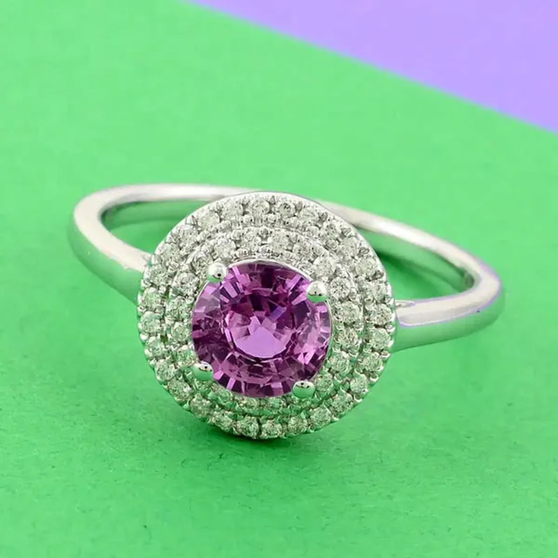 Shop LC Her ILIANA 18K White Gold round AAA Pink Sapphire Birthstone Real Diamond Double Halo Ring Engagement Anniversary Bridal Wedding Gift Ct 1.1 G-H Color Si1 Clarity - WORLD TIME VISITS