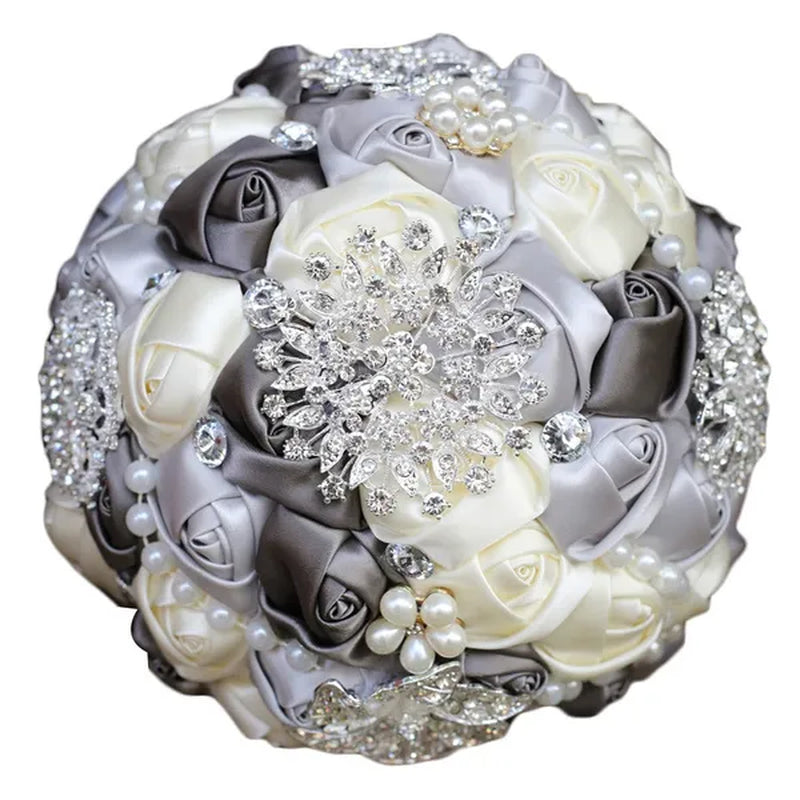 20CM Mixed Color Silk Ribbon Rose Wedding Flower Bouquet Luxury Pearl Crystal Brooch Bridal Bouquet Handmade Creative Bridesmaid Holding Flowers
