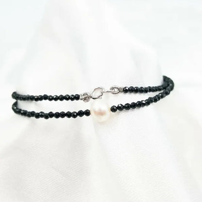 Real Black Spinel 2Mm&Freshwater Pearl Choker Necklace 925 Sterling Silver 17.5Inch