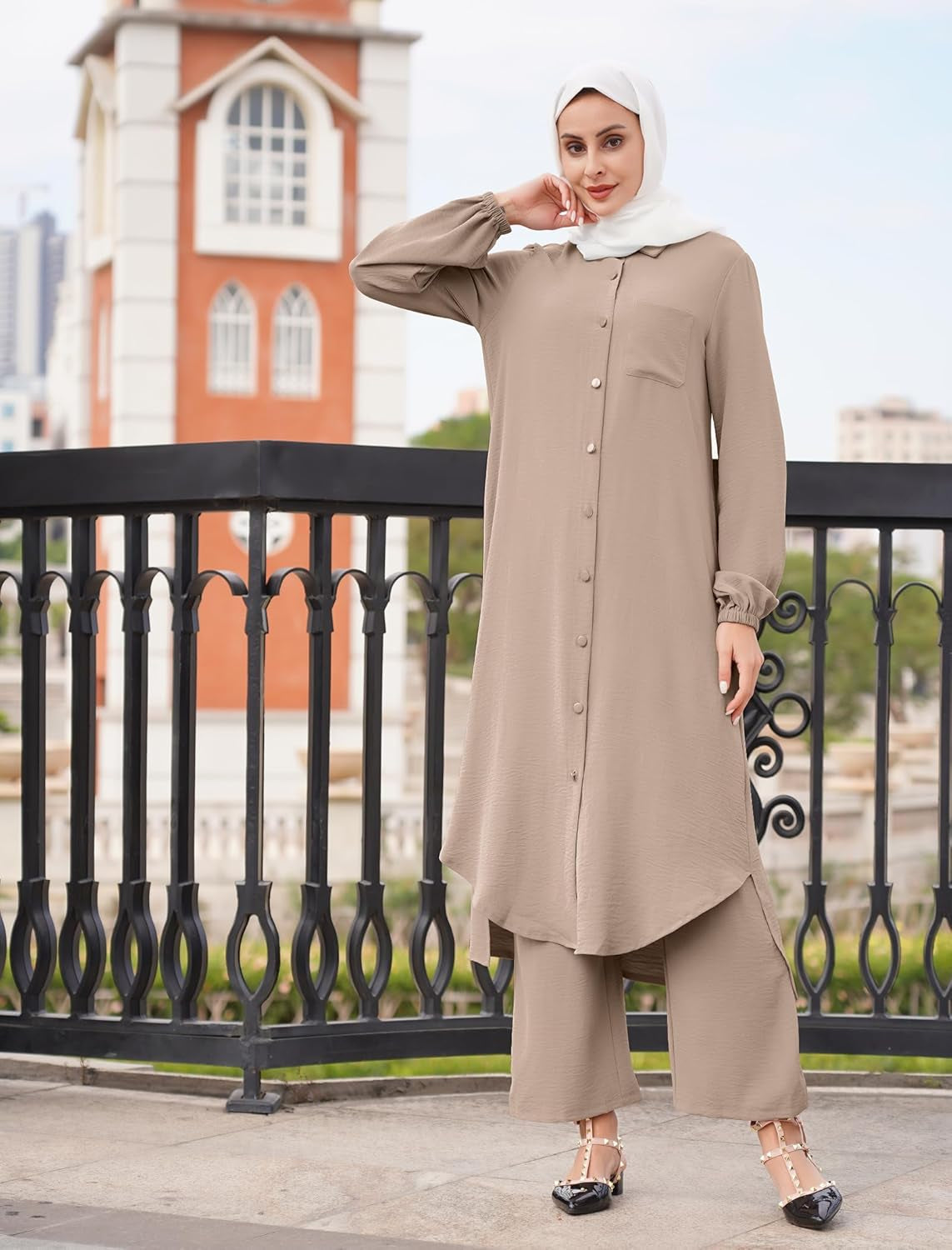 Women'S Muslim 2 Pieces Sets Long Sleeve Button down Shirt and Pants Abaya Casual Dress Dubai Outfits