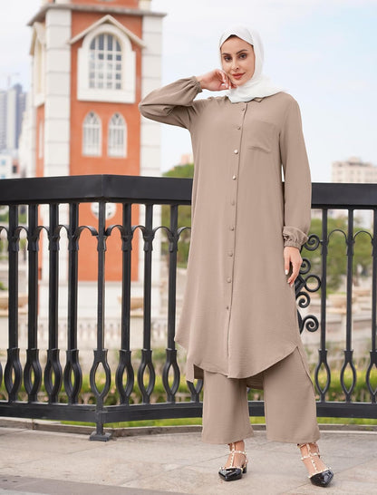 Women'S Muslim 2 Pieces Sets Long Sleeve Button down Shirt and Pants Abaya Casual Dress Dubai Outfits