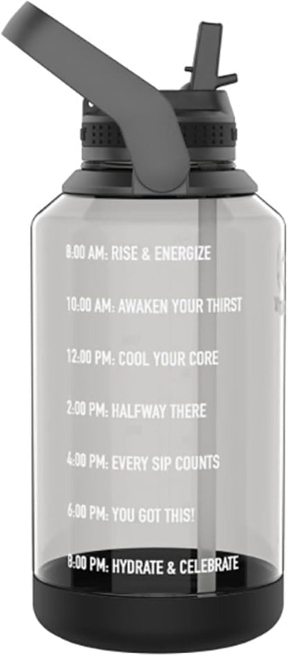 64 Oz Motivational Water Bottle with Straw Lid with Time Marker, Half Gallon, Premium Quality BPA Free Tritan Plastic, Stormy Black