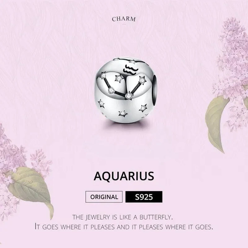 European Hot 12 Constellation Zodiac round 925 Sterling Silver Beads Charm for Women Bracelet Shining CZ Charm Fit Original Bangle Necklace DIY Jewelry Making