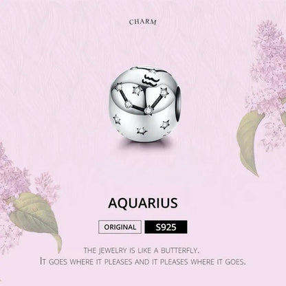 European Hot 12 Constellation Zodiac round 925 Sterling Silver Beads Charm for Women Bracelet Shining CZ Charm Fit Original Bangle Necklace DIY Jewelry Making
