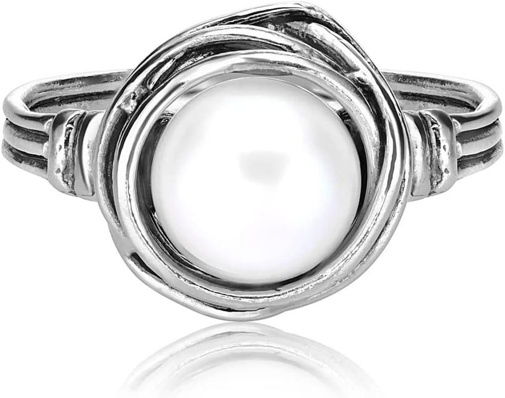 925 Sterling Silver Ring with Fresh Water Pearl Wire Wrap Vintage Design - Hypoallergenic, Nickel & Lead-Free - Artisan Handcrafted Statement Rings for Women