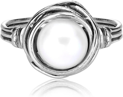 925 Sterling Silver Ring with Fresh Water Pearl Wire Wrap Vintage Design - Hypoallergenic, Nickel & Lead-Free - Artisan Handcrafted Statement Rings for Women