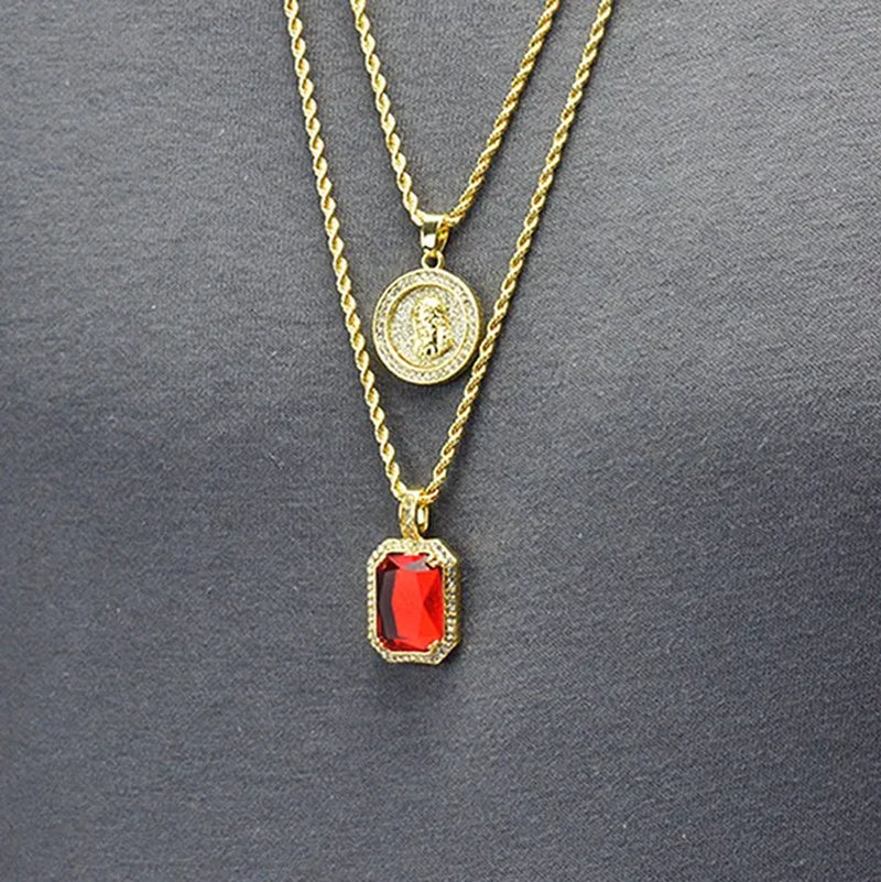 14k Gold Plated Medallion Jesus & Simulated Red Ruby 22"&27" Combo Pendant Chain Necklace