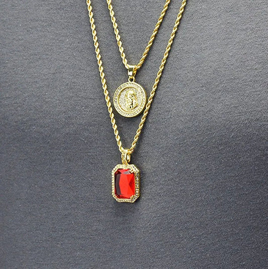14k Gold Plated Medallion Jesus & Simulated Red Ruby 22"&27" Combo Pendant Chain Necklace