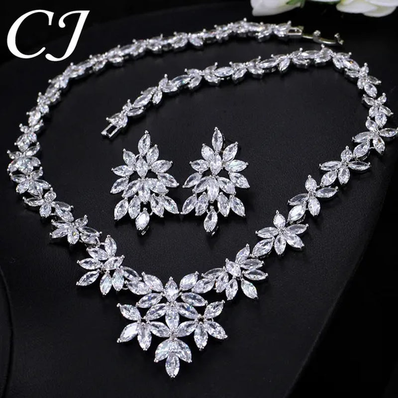 CANDICE High Quality White Gold Plated Wedding Jewelry Set Pave Luxury CZ Stone African Nigerian Big Flower Dangle Earrings Necklace for Bride