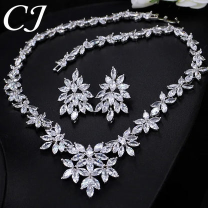 CANDICE High Quality White Gold Plated Wedding Jewelry Set Pave Luxury CZ Stone African Nigerian Big Flower Dangle Earrings Necklace for Bride