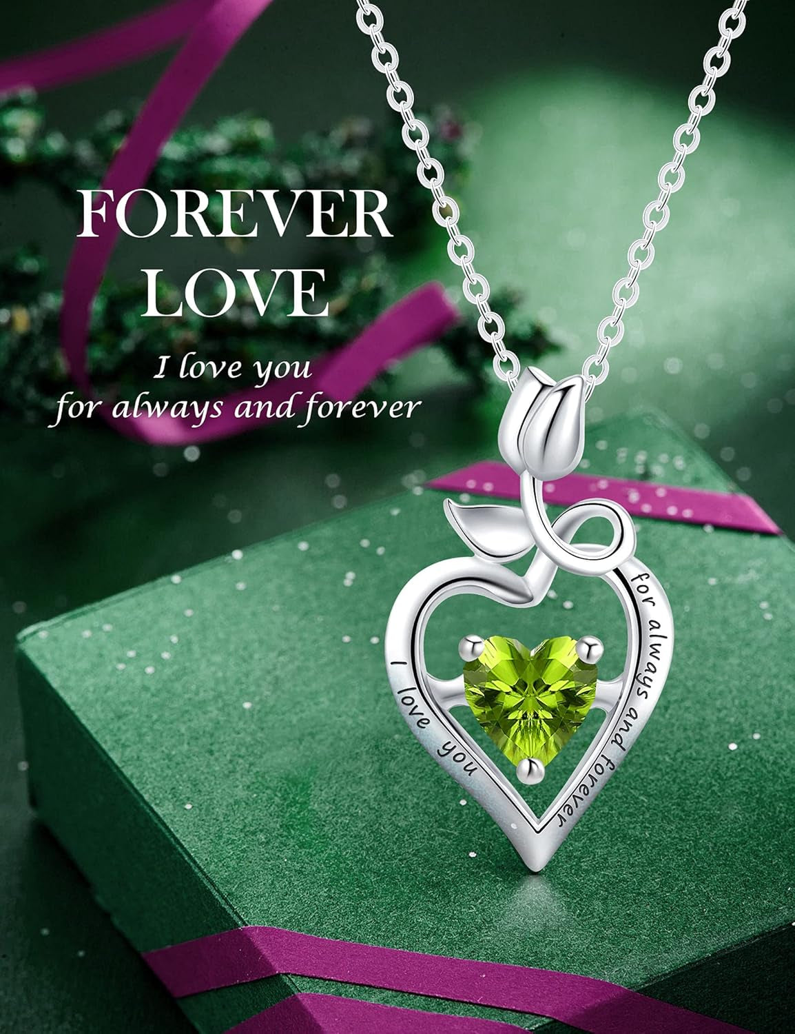 Fine Jewelry Birthstone Natural Peridot Necklace Sterling Silver Rose Flower Heart Gemstone Pendant Anniversary Birthday Gifts for Women Her Wife Mom